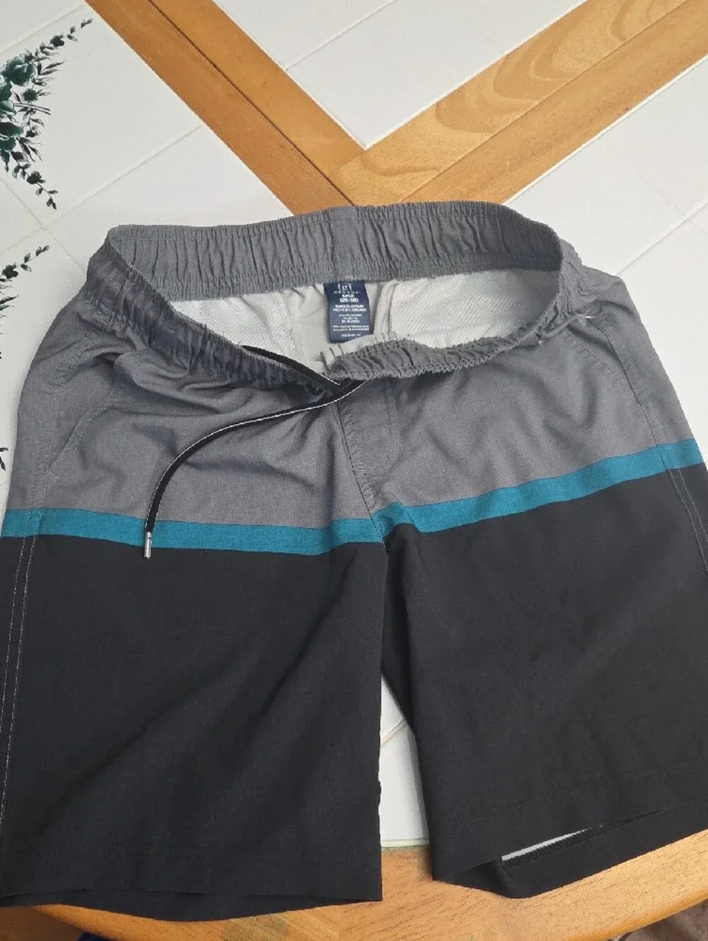 George Men's Gray and Black Swim Trunks with Teal Stripe